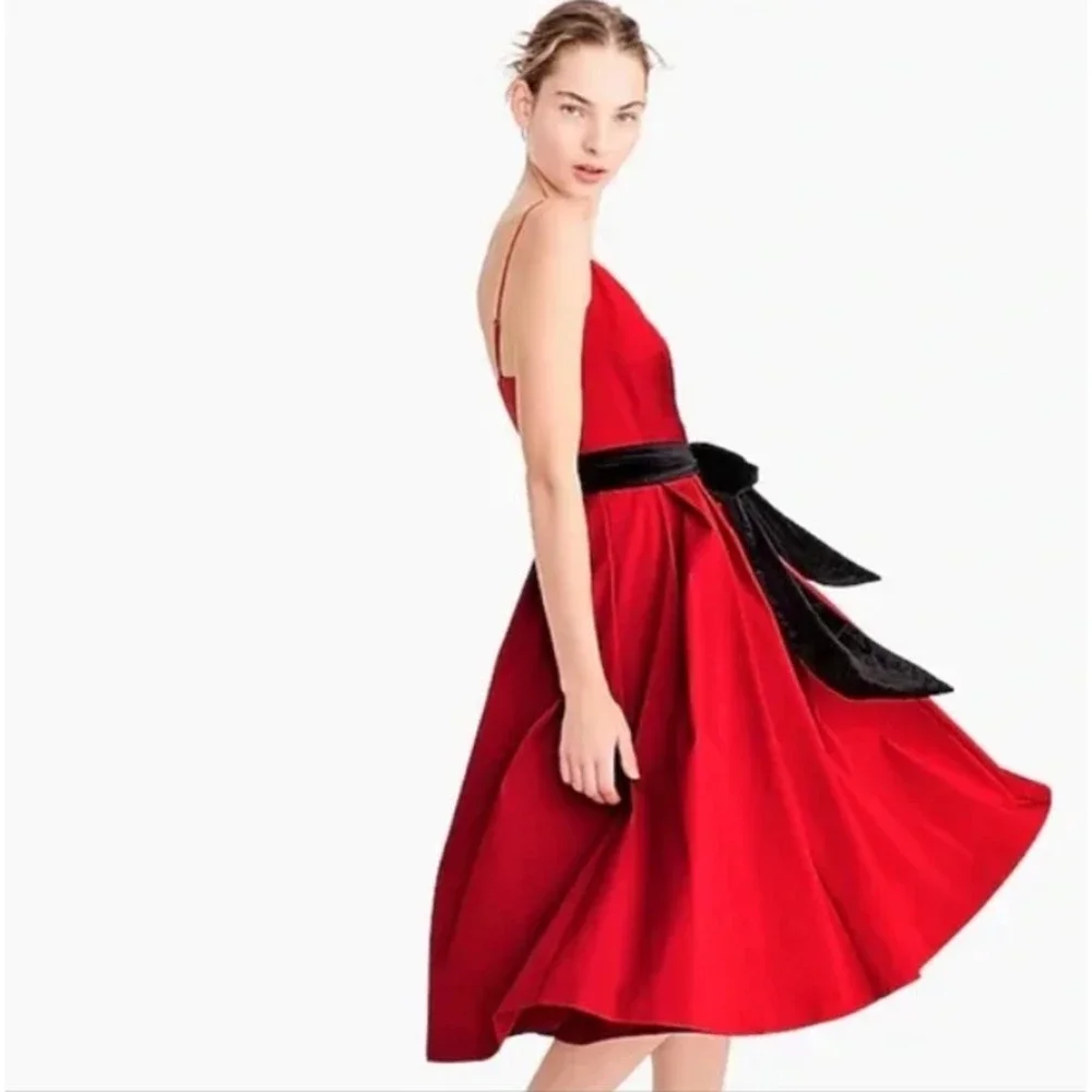 J. Crew Red Spaghetti Strap Pleated Cocktail Taffeta Dress Size 6 Fit & Flare